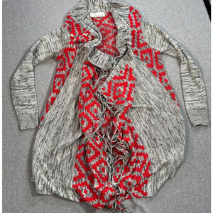 Vintage Havana Open Front Fringe Duster Cardigan Women's Medium Red Gray Aztec